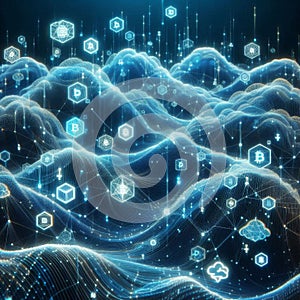 Big data visualization. Blockchain nodes. Interconnected network flows.