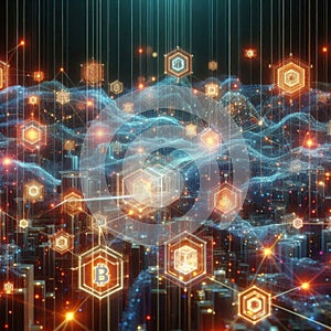 Big data visualization. Blockchain nodes. Interconnected network flows.