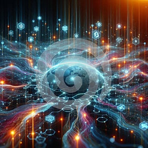 Big data visualization. Blockchain nodes. Interconnected network flows.
