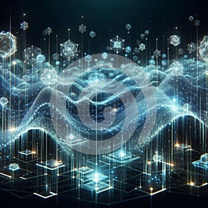 Big data visualization. Blockchain nodes. Interconnected network flows.