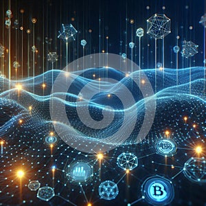 Big data visualization. Blockchain nodes. Interconnected network flows.