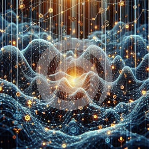 Big data visualization. Blockchain nodes. Interconnected network flows.