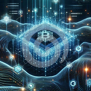 Big data visualization. Blockchain nodes. Interconnected network flows.