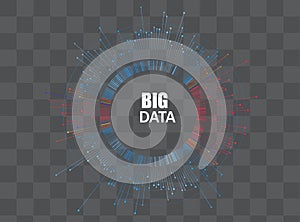 Big data visualization concept vector. Round frame on connected lines and dots. Digital statistical and analysis methods visual