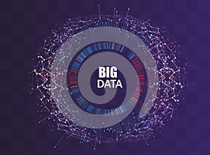 Big data visualization concept vector. Round frame on connected lines and dots. Digital statistical and analysis methods visual