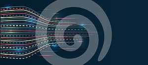 Big data visualization on dark background. An array of multi-colored lines. Hi-tech concept of data structuring. Futuristic