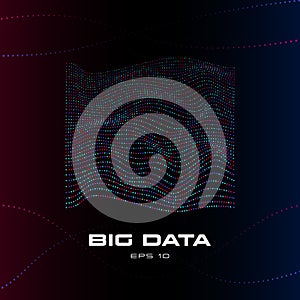 Big data visualization. Distortion stream of particles. Wave stripes of multicolored data units on dark background