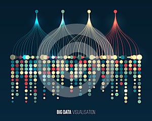 Big data visualization. Information analytics concept. Abstract stream information with ball array and binary code. Filtering