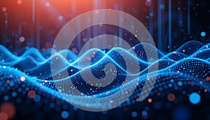 Futuristic digital sound wave visualization with dynamic data and dots background.