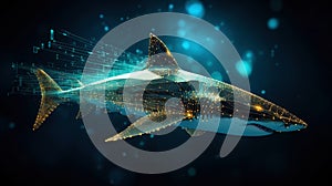 Big data visualization where a digital shark swims in the data stream. Futuristic background. Generative AI