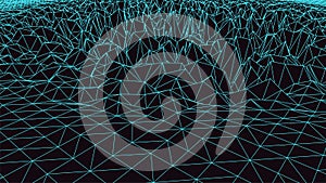 Big Data Visualization. Wireframe Digital Landscape. Blue Triangle Mesh on Dark Background. 3d Futuristic Pattern of Cyberspace