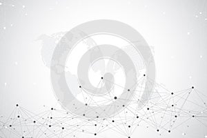 Big data visualization with a world globe. Abstract vector background with dynamic waves. Global network connection
