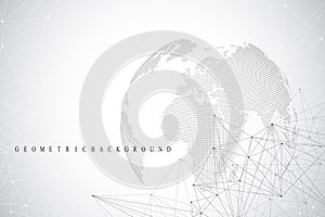 Big data visualization with a world globe. Abstract vector background with dynamic waves. Global network connection