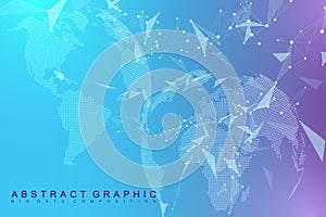 Big data visualization with a world globe. Abstract vector background with dynamic waves. Global network connection
