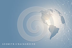 Big data visualization with a world globe. Abstract vector background with dynamic waves. Global network connection