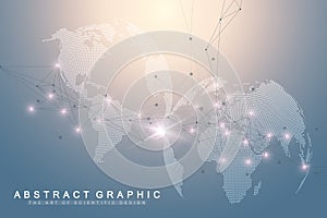 Big data visualization with a world globe. Abstract vector background with dynamic waves. Global network connection