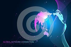Big data visualization with a world globe. Abstract vector background with dynamic waves. Global network connection