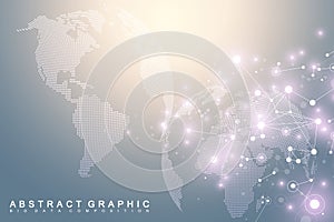 Big data visualization with a world globe. Abstract vector background with dynamic waves. Global network connection