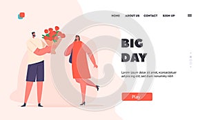 Big Day Landing Page Template. Couple Dating, Man Giving Sumptuous Flowers Bouquet of Red Roses to Pretty Girlfriend