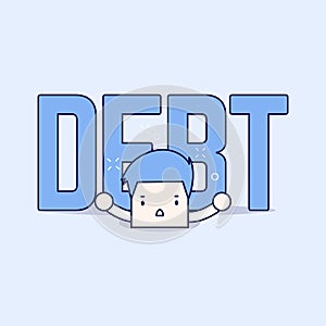 Big debt is over the businessman. Cartoon character thin line style vector.