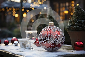 Big decorated red Christmas ball closeup outdoor, xmas decorations, new year tradition, AI Generated