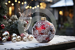 Big decorated red Christmas ball closeup outdoor, xmas decorations, new year tradition, AI Generated