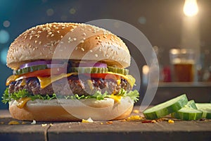 Big and delish burger with meat, chees, onion and cucumber