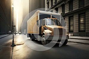 Big delivery truck with empty body for banner or graphic text design, empty copy space