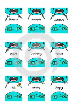 Big dentistry set hand drawn vector illustrations in cartoon style. Hygiene inspection treatment kids surgery implantology photo