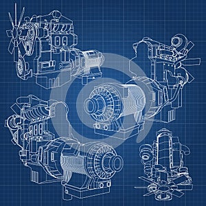 A big diesel engine with the truck depicted in the contour lines on graph paper. The contours of the black line on the blue backgr photo