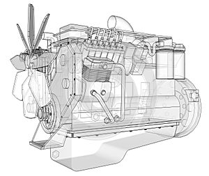 A big diesel engine with the truck depicted in the contour lines on graph paper. The contours of the black line on the white backg