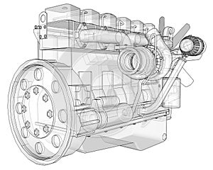 A big diesel engine with the truck depicted in the contour lines on graph paper. The contours of the black line on the white backg