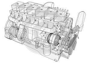 A big diesel engine with the truck depicted in the contour lines on graph paper. The contours of the black line on the white backg