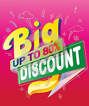 Big discount banner template design with doodle and colorful background.