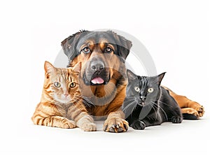 big dog and cat posing, friendship between pets, cut-out white background
