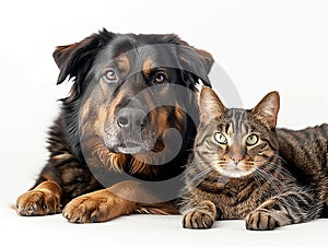 big dog and cat posing, friendship between pets, cut-out white background