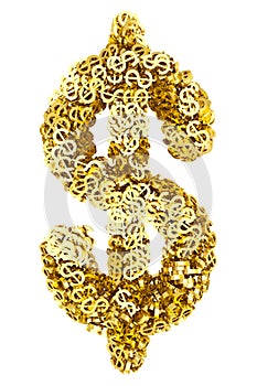 Big dollar sign composed of many golden small dollar signs on white