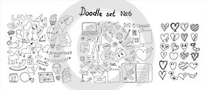 Big doodle set of icons for Valentine s day, mail doodles. Icons with paper envelopes, letters, email.. Vector