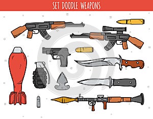 Big doodle set of weapon, shells, handwork bombs.