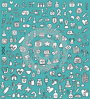 Big doodled medicine and health icons collection in black and white