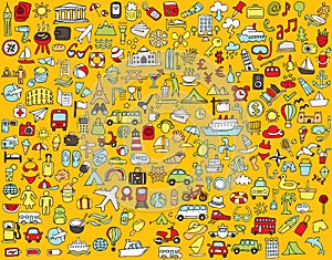 Big doodled travel and tourism icons collection