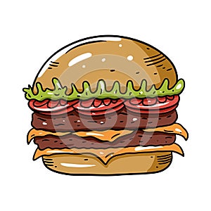 Big double burger. Hand drawn colorful vector illustration in cartoon style. Isolated on white background.