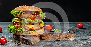 Big double cheddar cheeseburger with chicken cutlet Fat unhealthy food. banner, menu, recipe place for text