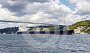 Big, dry cargo ship / vessel crosses Bosphorus