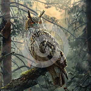 big eagle owl sitting on a tree branch