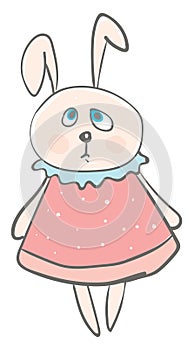 Big eared hare wearing a cute pink dress designed with blue laces vector color drawing or illustration