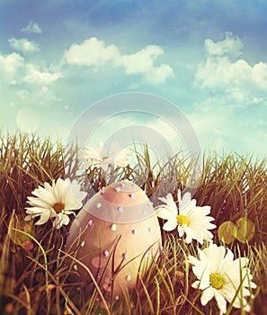 Big easter egg in the grass with daisies