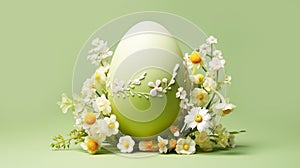 Big Easter egg with ornament decorated with fresh spring wildflowers on chartreuse background. Holiday banner card template with