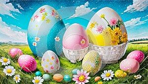 Big Easter eggs decorated with flowers inbetween of many pastel colored eggs on a meadow