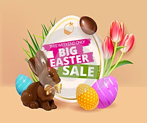 Big Easter Sale. Festive background design with realistic colorful eggs, easter chocolate bunny, rabbit with bow and